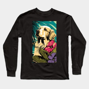 Golden Retriever Dog Vibrant Tropical Flower Tall Retro Vintage Digital Pop Art Portrait 3 Long Sleeve T-Shirt